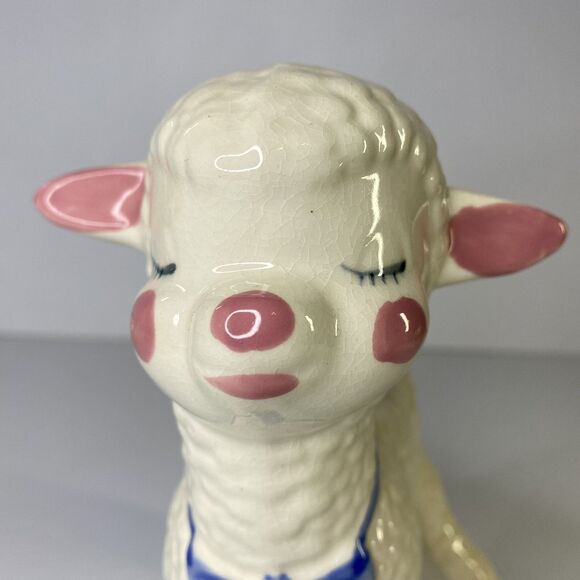 Vintage 8" Ceramic Lamb Planter Long Legs USA Nursery Decor Kitschy Rosy Cheeks - Picture 10 of 12